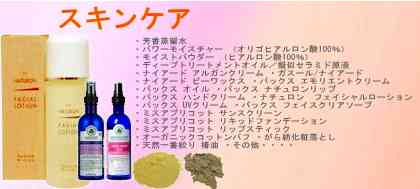 【スキンケア】・芳香蒸留水・パワーモイスチャー (オリゴヒアルロン酸100%) ・モイストパウダー (ヒアルロン酸100%) ・ディープトリートメントオイル/擬似セラミド原液 ・ナイアード アルガンクリーム ・ガスール/ナイアード ・ナイアード ビーワックス ・パックス エモリエントクリーム ・パックス オイル ・パックス ナチュロンリップ ・パックス ハンドクリーム ・ナチュロン フェイシャルローション ・パックス UVクリーム ・パックス フェイスクリアソープ ・ミスアプリコット サンスクリーン ・ミスアプリコット リキッドファンデーション ・ミスアプリコット リップスティック ・オーガニックコットンパフ ・がら紡化粧落とし・天然一番絞り 椿油 ・その他・・・・・